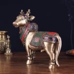 Brass Superfine Standing Nandi | 10.5" x 11.5" x 4" | 5.5 kg | Stone Inlay Work | Sacred Temple Bull | Traditional Hindu Art | Jaipurio